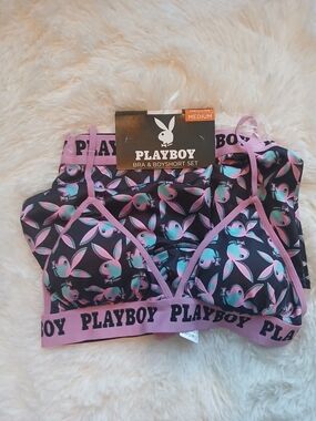 PLAYBOY Black Bra & Boyshort Set with Pink Bunny Print